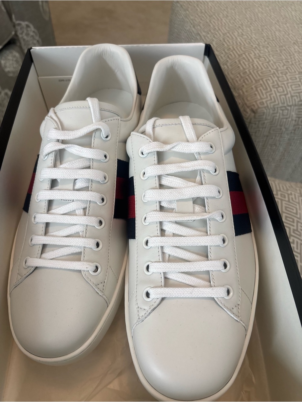Gucci White Leather Sneakers with Navy and Red Web Stripe